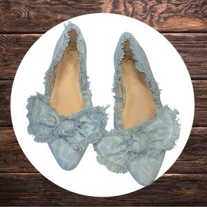Cato Fashion Blue Denim Leopard Flats w Fraying & Bows, Women Sz 8